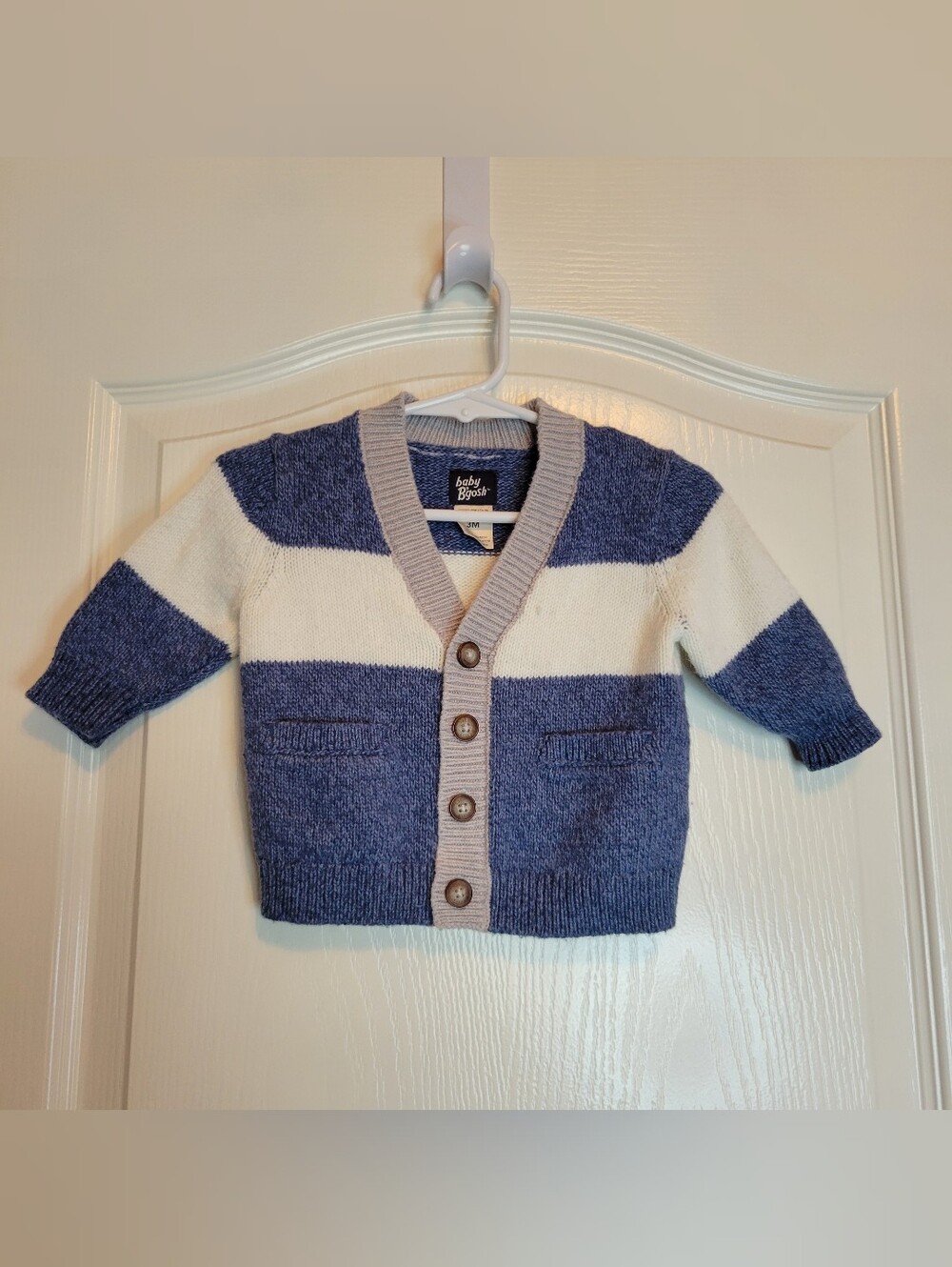 Baby B'gosh Blue and White Striped Knit Cardigan with Taupe Trim 3 Months